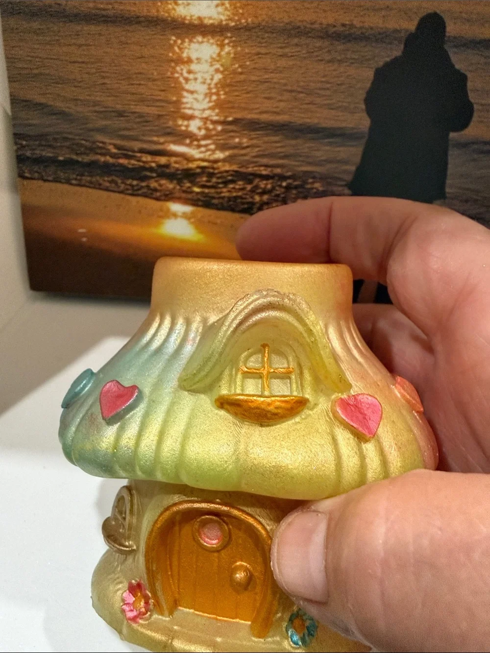 Pastel Resin Gold Mushroom House Vase with Rainbow Accents